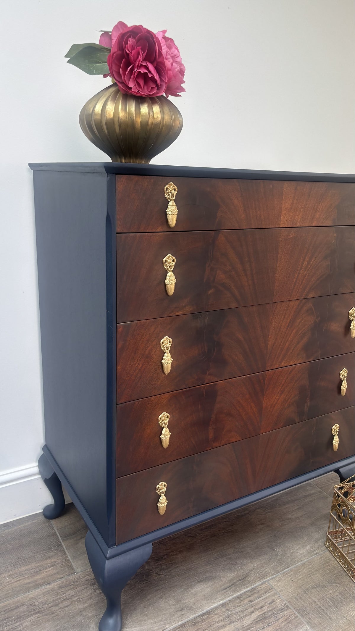 Vintage Navy Blue Flame Mahogany Dresser | Refurbished 5-Drawer Chest of Drawers | Brass Hardware Queen Anne Furniture