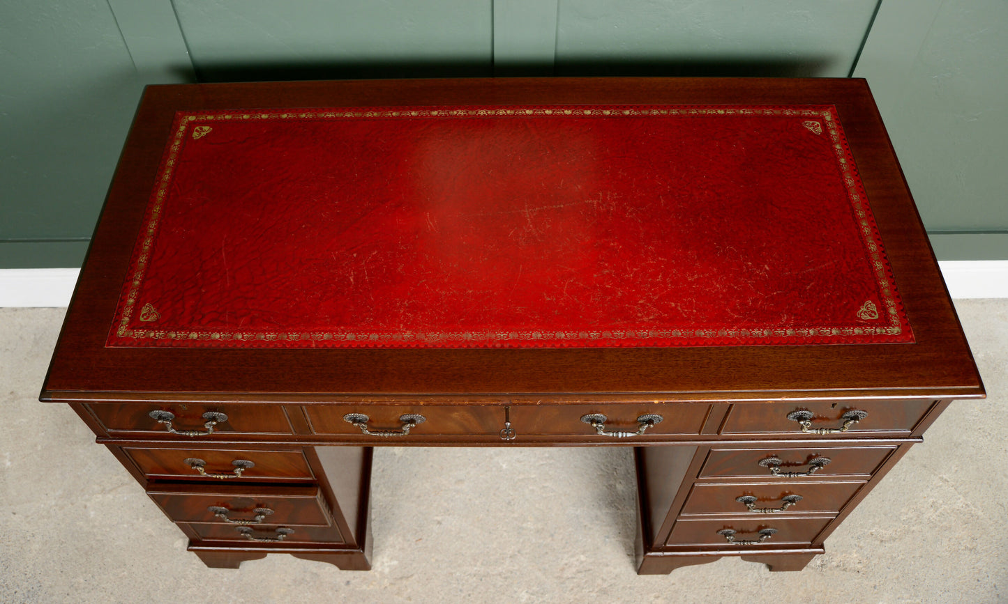 Antique Style Mahogany Pedestal Desk with Red Leather Top