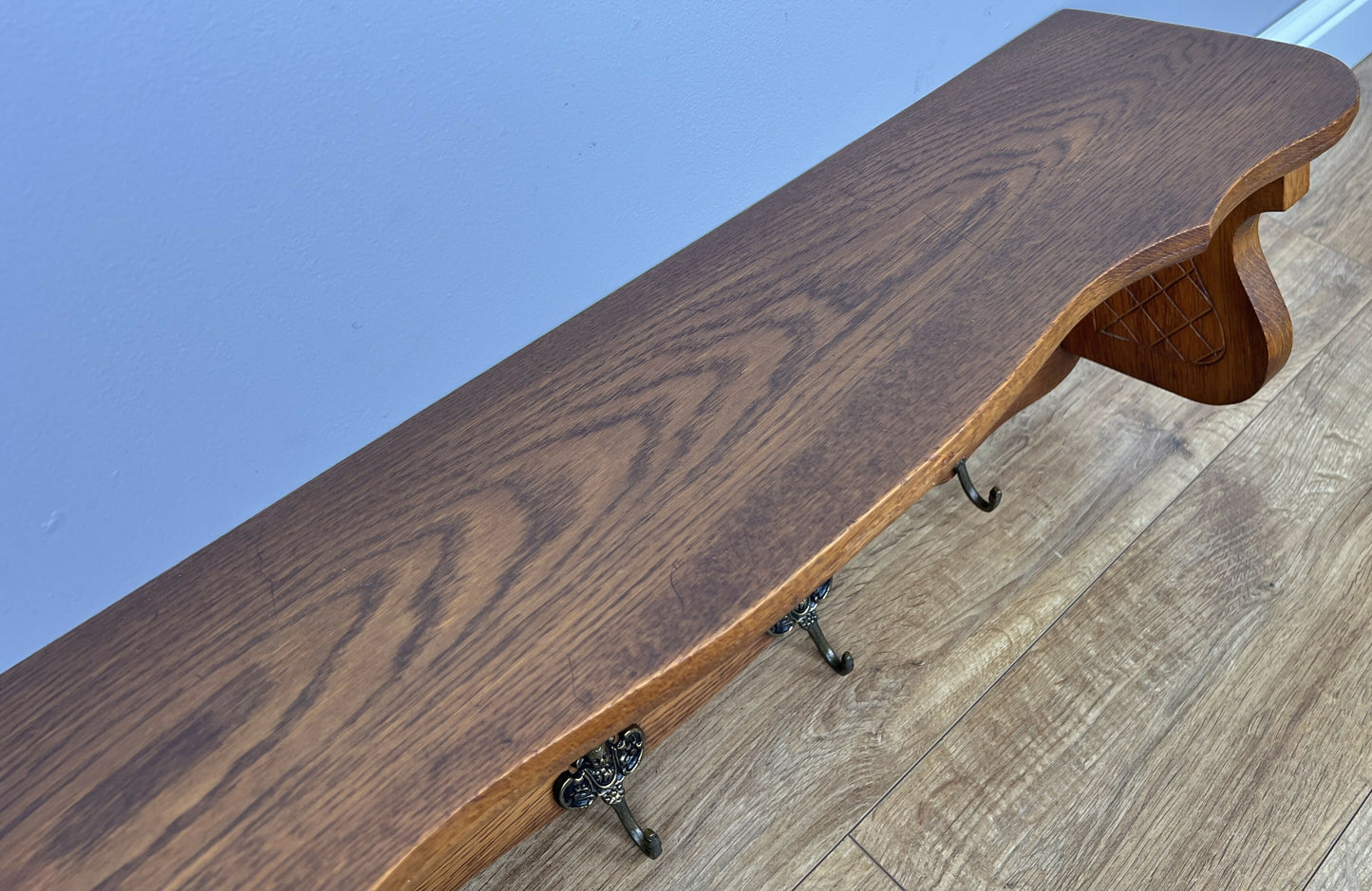 Coat Rack Vintage French Oak Wall Mounted 4 Hooks Carved Rack Hanger LOT 6293