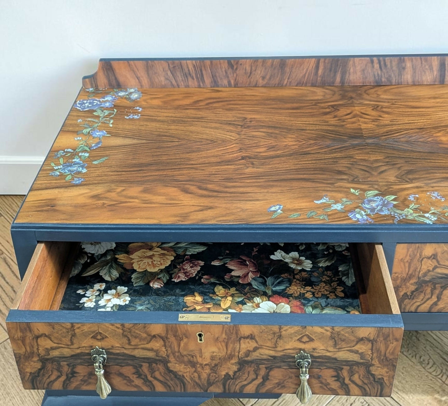 Vintage art deco navy blue walnut burr wood desk/ dressing table