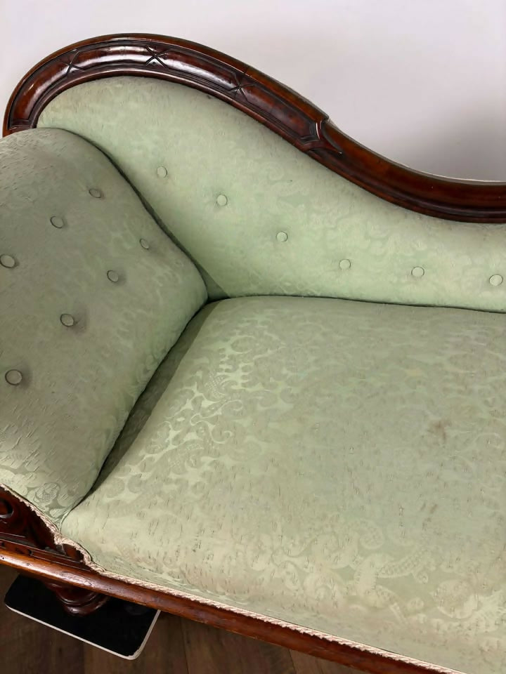 Edwardian Mahogany Framed Chaise Longue with Green Upholstery
