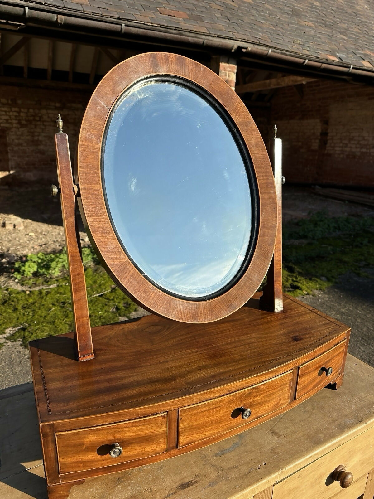 Antique Georgian Large Mahogany Tilting Oval Vanity Dressing Table Mirror