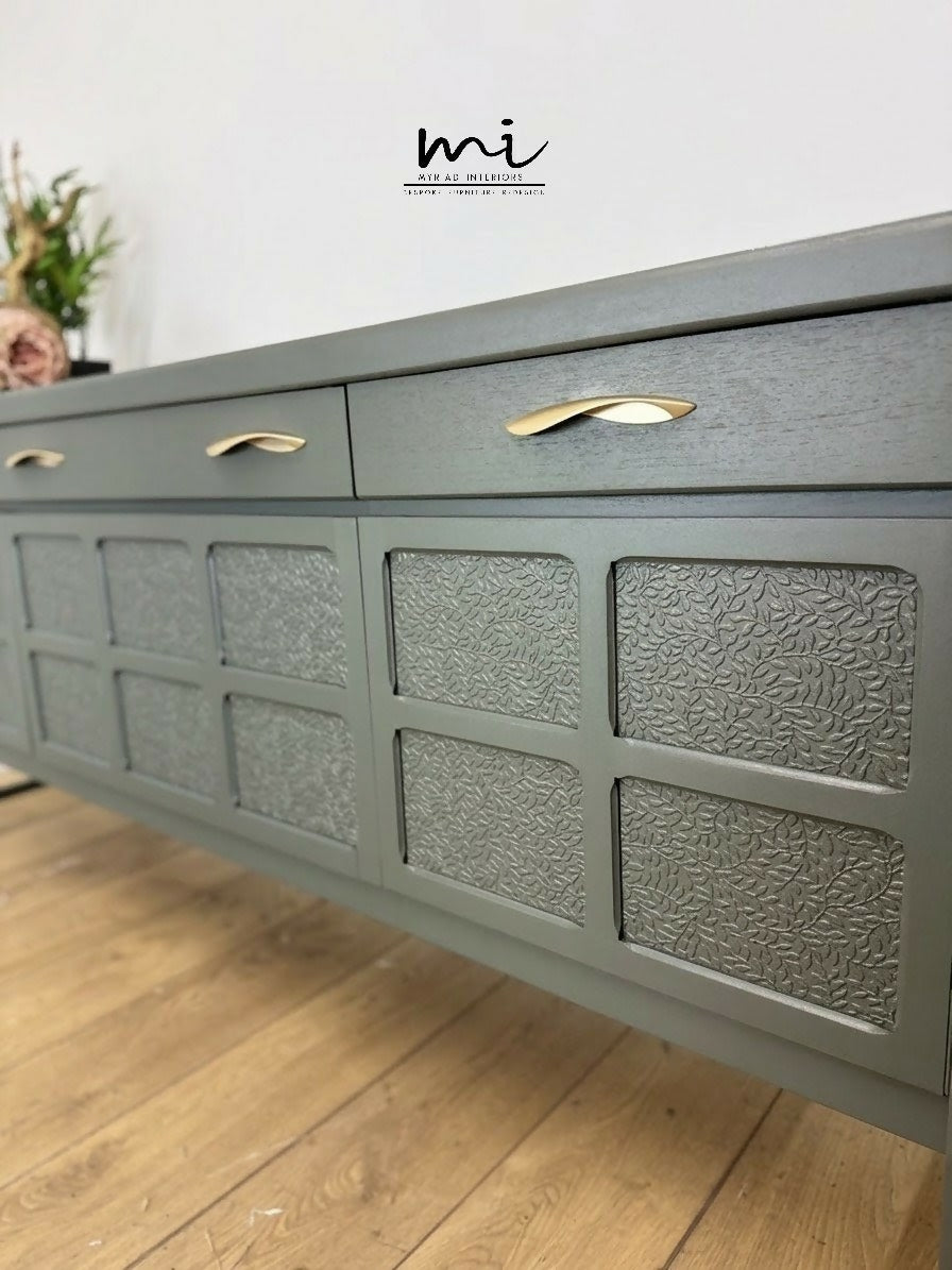 PAINTED TO ORDER Refinished Vintage Large Nathan Sideboard Drinks Cabinet In Deep Dusky Olive Green