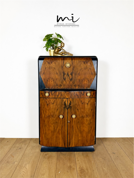 Navy Blue And Gold Art Deco Burl Walnut Cocktail Cabinet, Drinks Cabinet