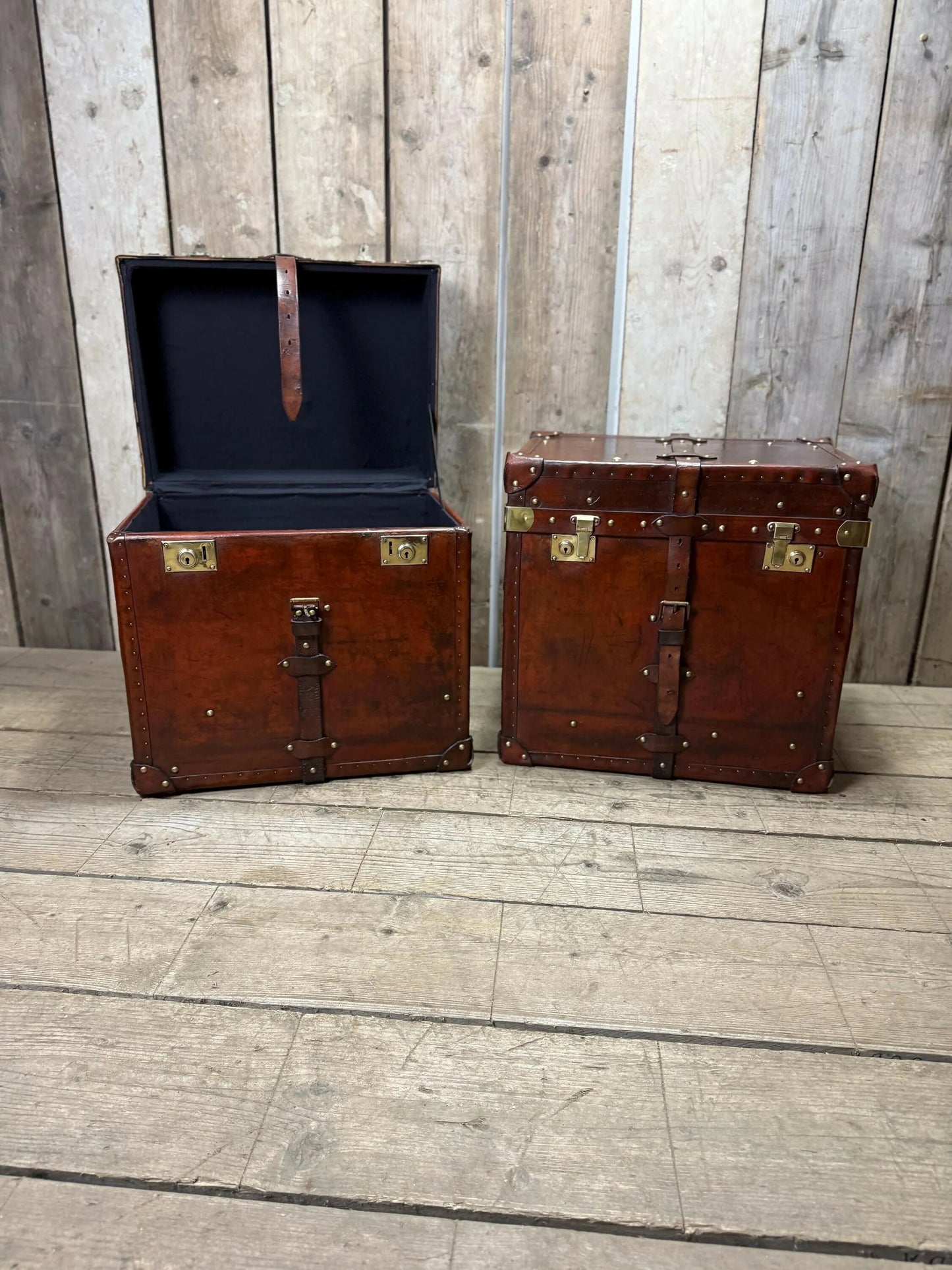Antique Chestnut Leather Designer Belting Trunks