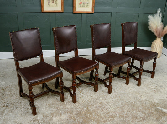 4 Oak Dining Chairs -Tudor Cromwellian Style - Burgundy Leatherette