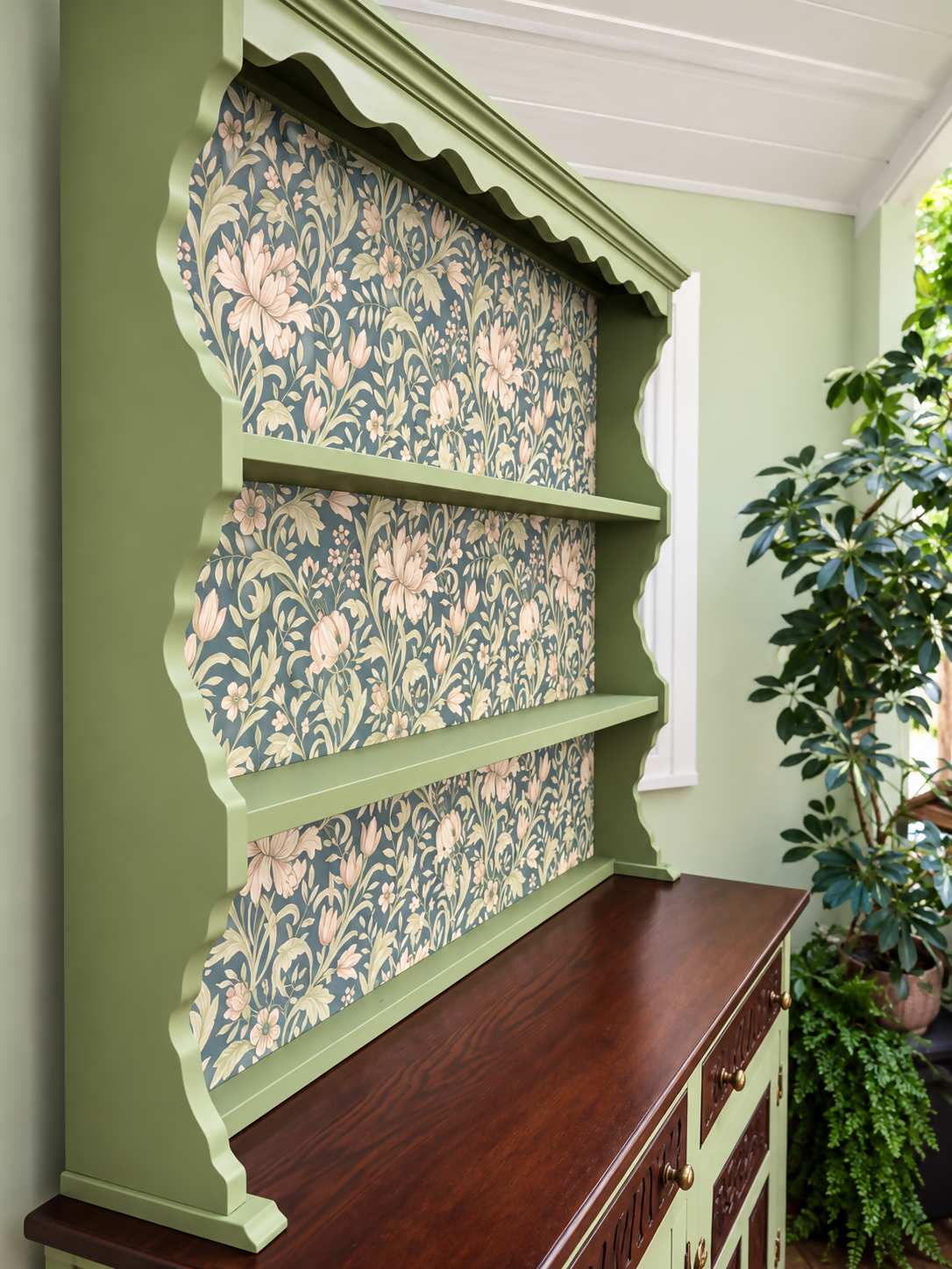 Vintage Welsh Dresser - Green, Oak & William Morris-Inspired Botanical Drinks Cabinet