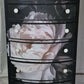 Opaline Bloom – Dark Luxe Bow-Front Vintage Chest of Drawers, Black Floral Decoupage, Gold & Pearl Handles