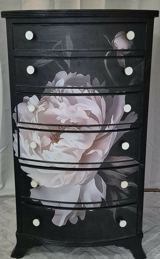 Opaline Bloom – Dark Luxe Bow-Front Vintage Chest of Drawers, Black Floral Decoupage, Gold & Pearl Handles