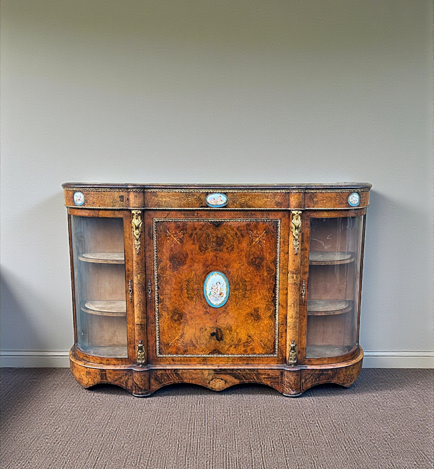 Victorian Inlaid Walnut Credenza Featuring Sevres Style Plaques