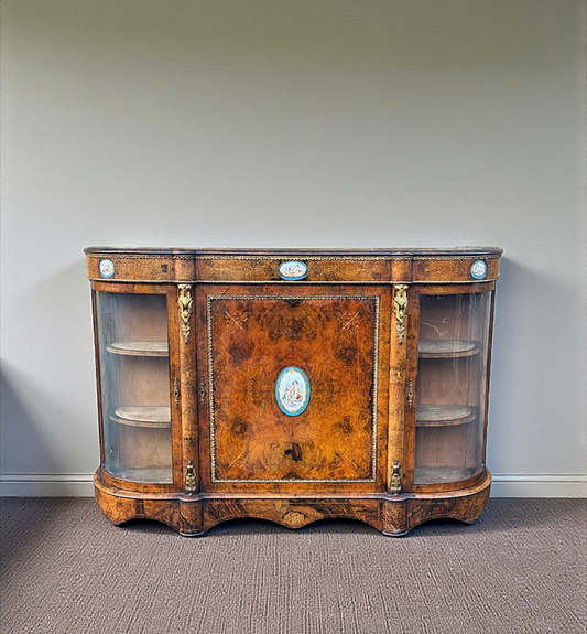 Victorian Inlaid Walnut Credenza Featuring Sevres Style Plaques