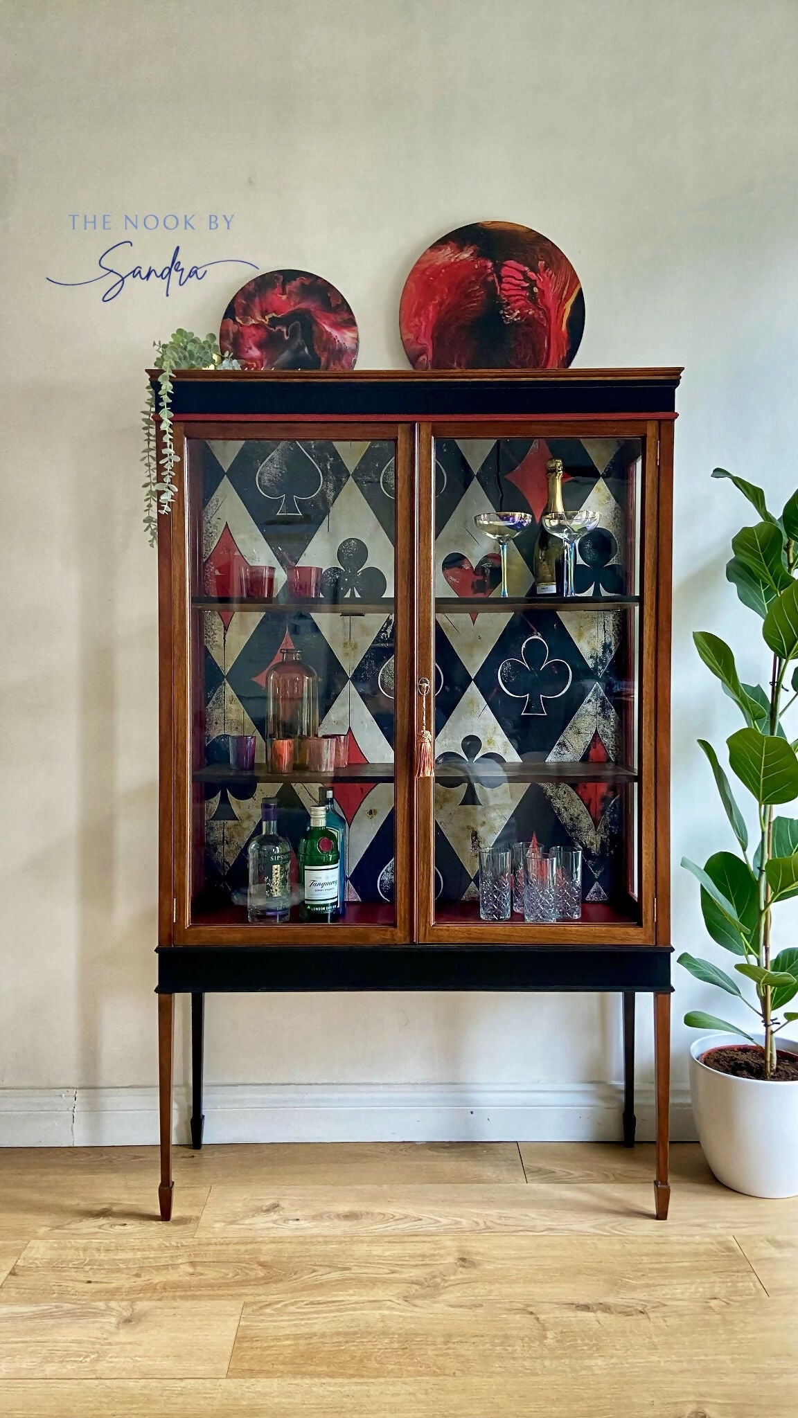 Upcycled Edwardian Mahogany Display Cabinet-Red and Black Perfect as a Cocktail or Display Piece