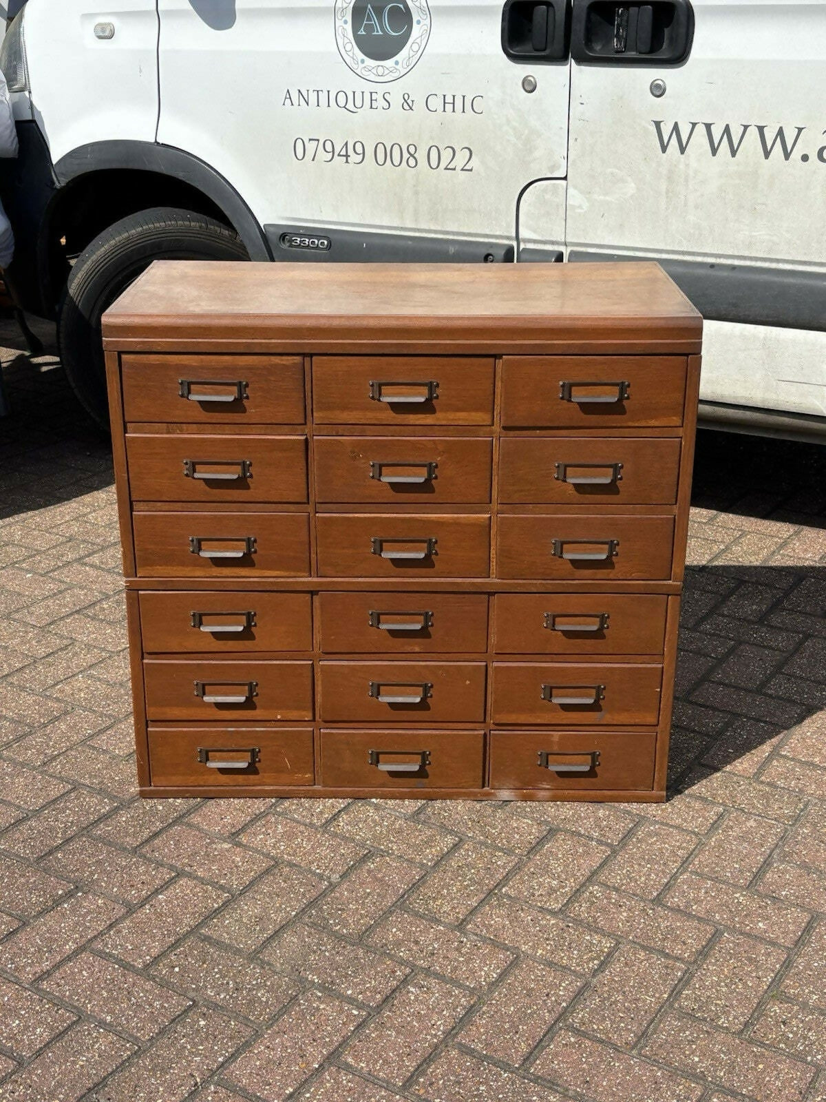 Large Vintage Edwardian Floor Standing Oak Filing Drawers. Cabinet Splits In Half.