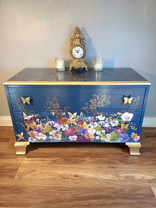 Upcyled Blue and Gold Floral Chest of Drawers