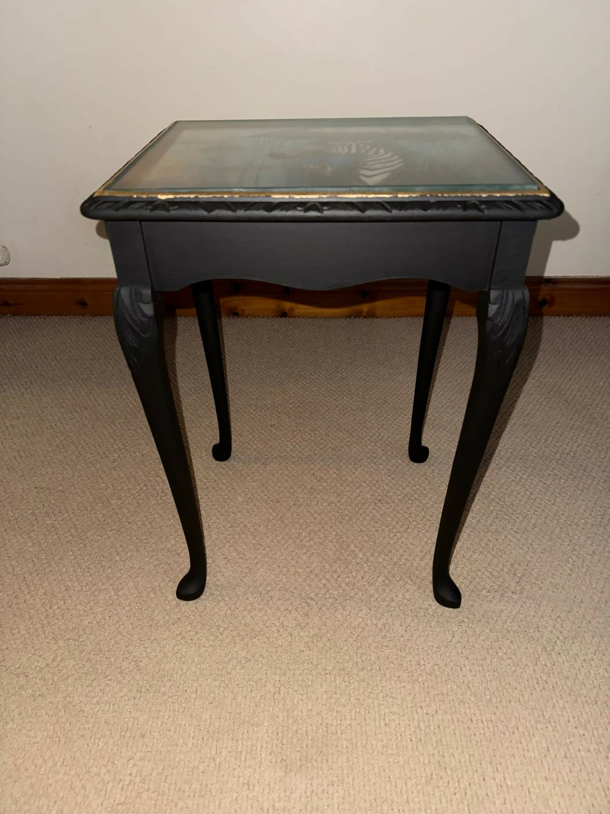 Hand Painted Decoupage Side Table with Glass Top – One of a Kind Zebra Design