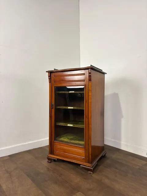 Edwardian Walnut Sheet Music Cabinet with Glass Door & Velvet-Lined Shelves