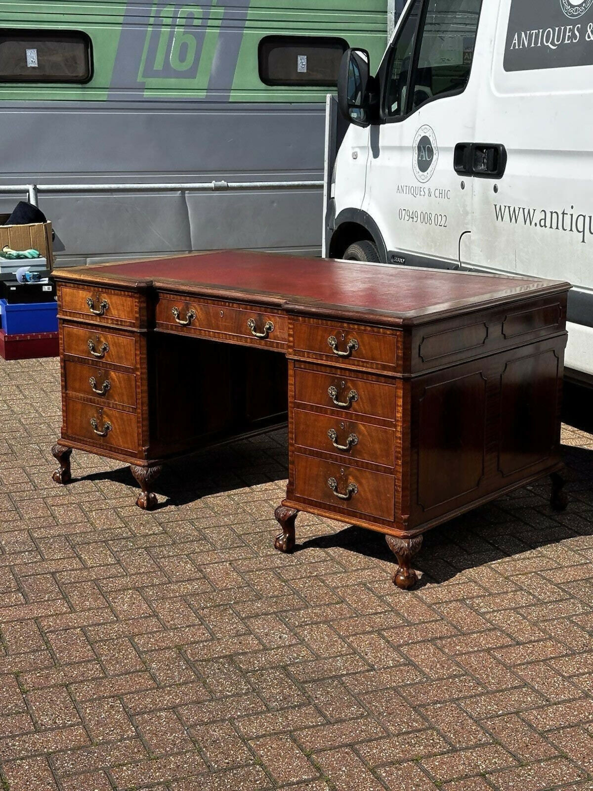 Large Vintage Mahogany Twin Pedestal Desk, Splits Into 3 Pieces For Easy Transportation