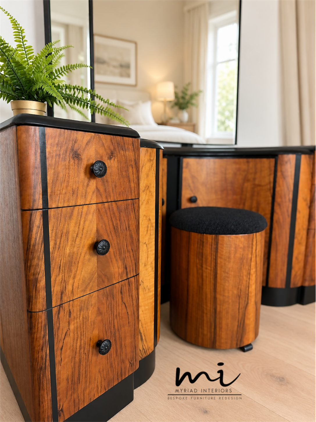 Refinished burl walnut and black Art Deco dressing table set with stool and mirror. Circa 1930 dresser, chest of drawers, art nouveau