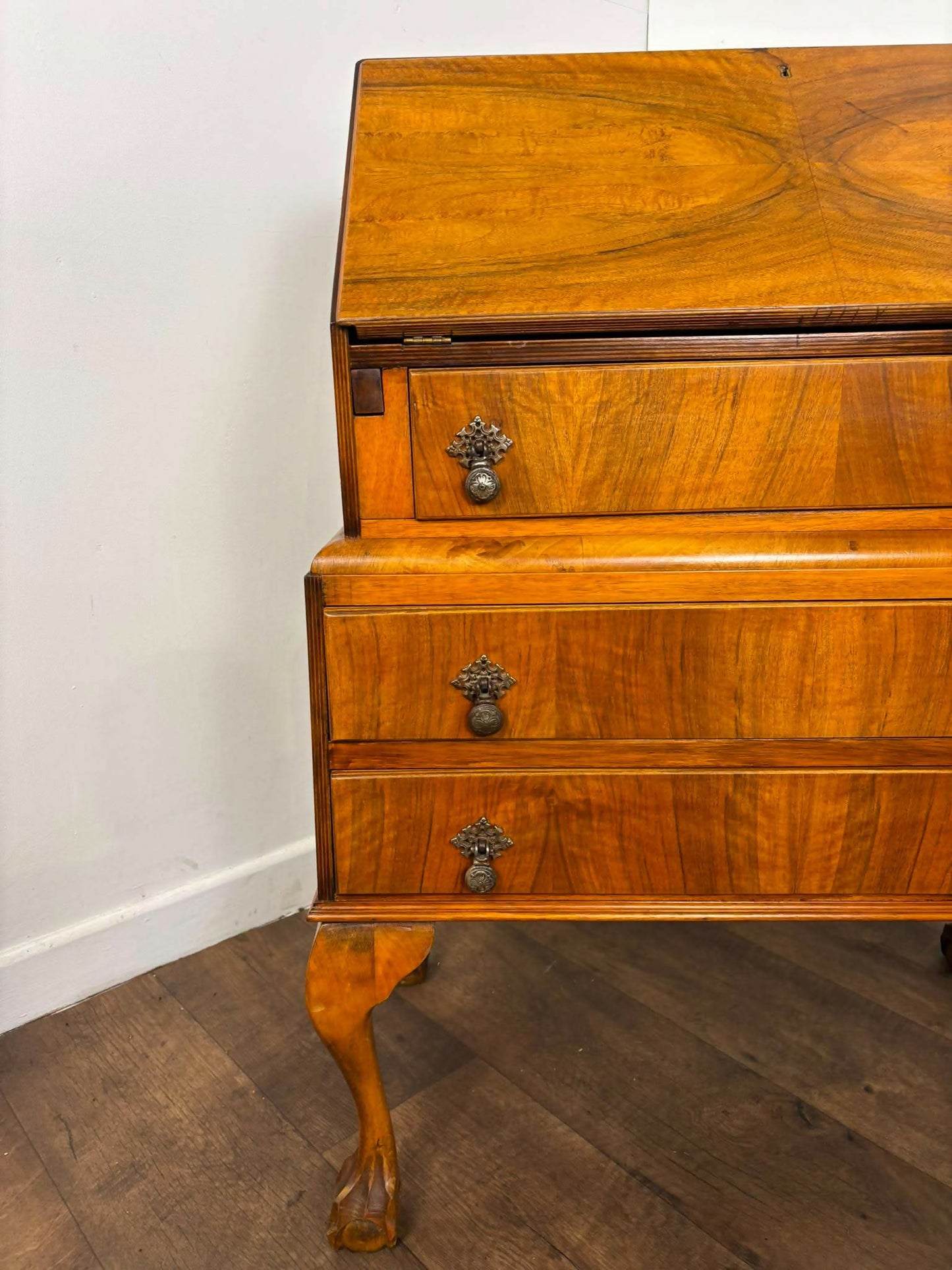 Vintage Walnut Veneer Waterfall Bureau on Claw & Ball Feet