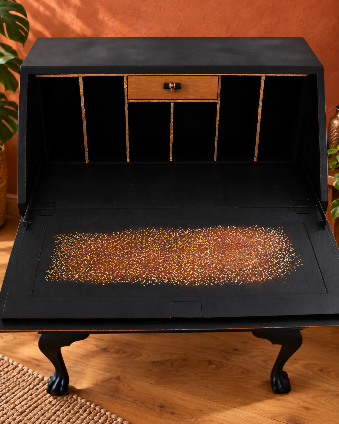 THE AFRICAN ASPECTS UPCYCLED - ONE-OFF FURNITURE ART “Echoes of Her” black, gold and copper bureau