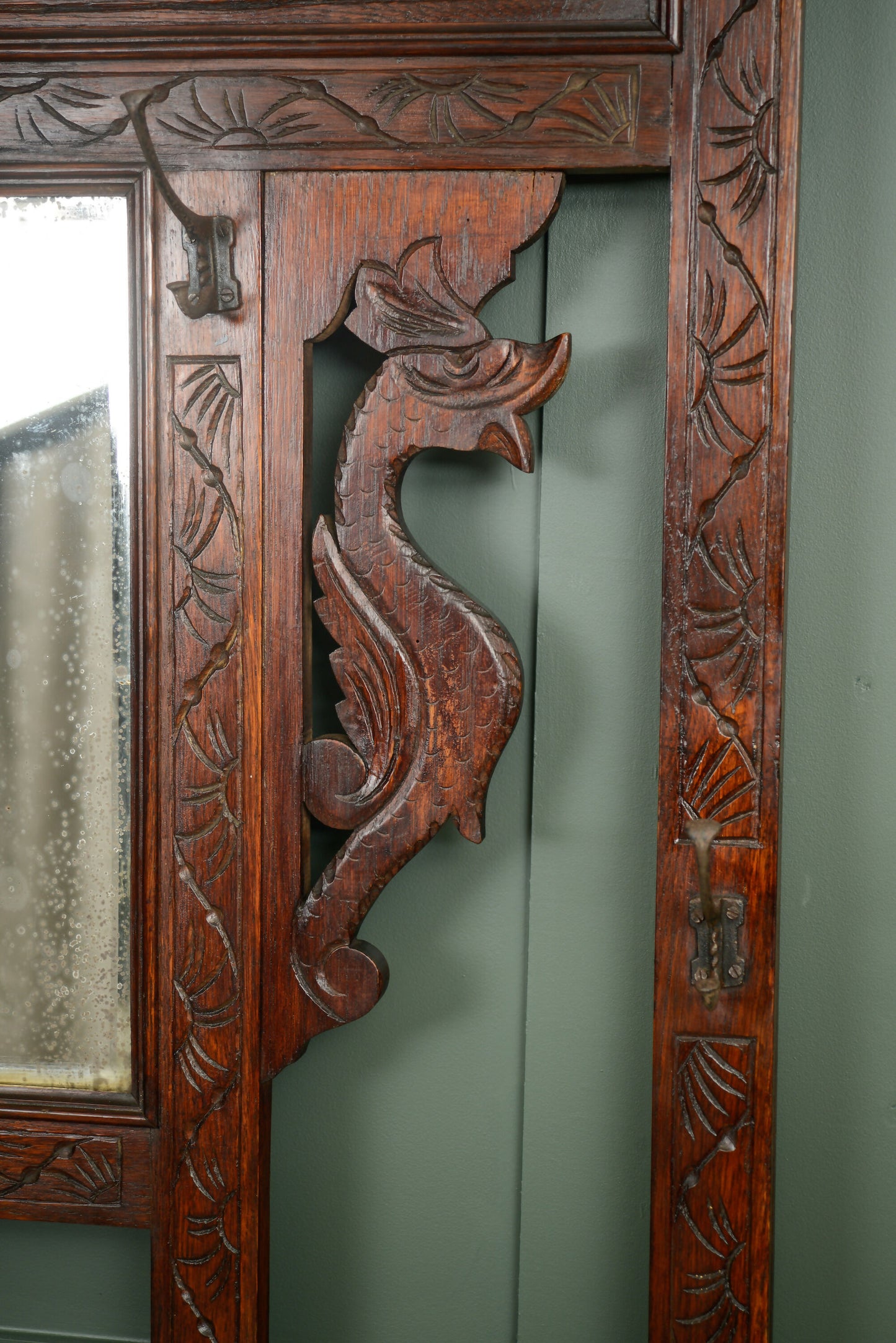 Antique Oak Hall Stand with Seahorse Carvings