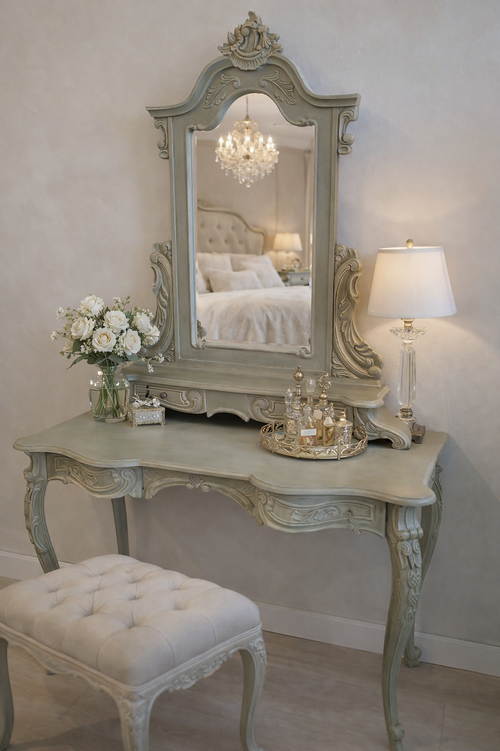 Vintage French Dressing Table & Mirror | Hand Painted Vanity | Ornate French Bedroom Furniture