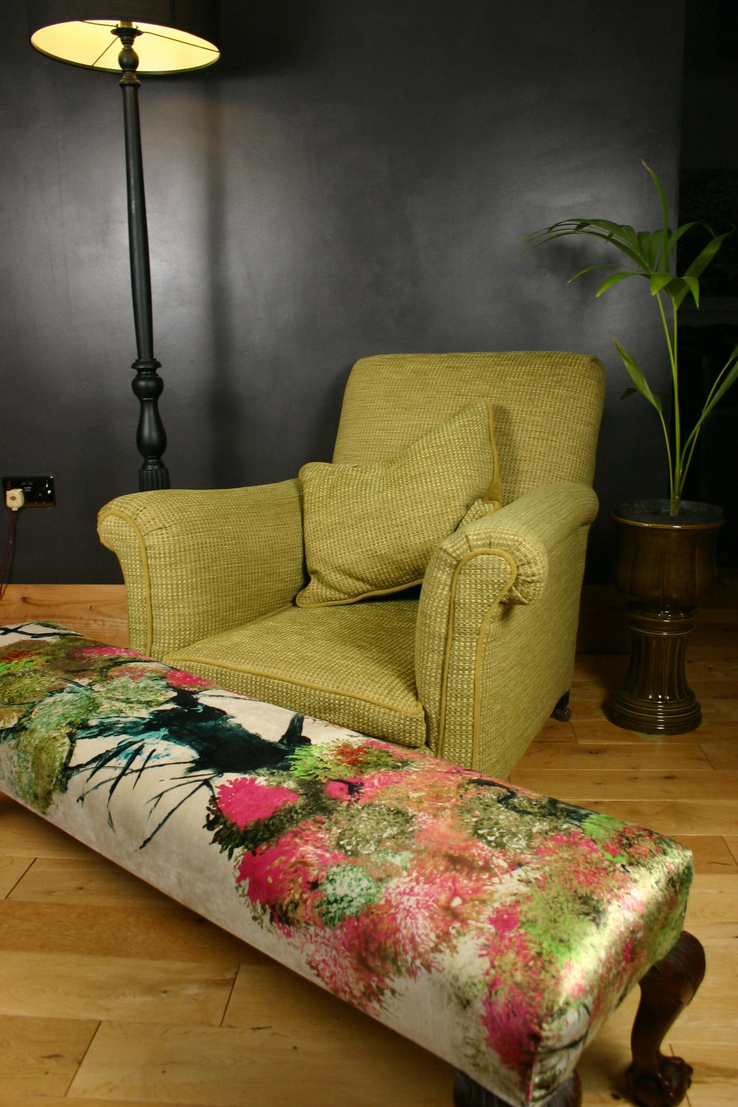 Maple & Co Oversized Antique c1900 Bench Footstool in Timorous Beasties Pinyin Tree Velvet
