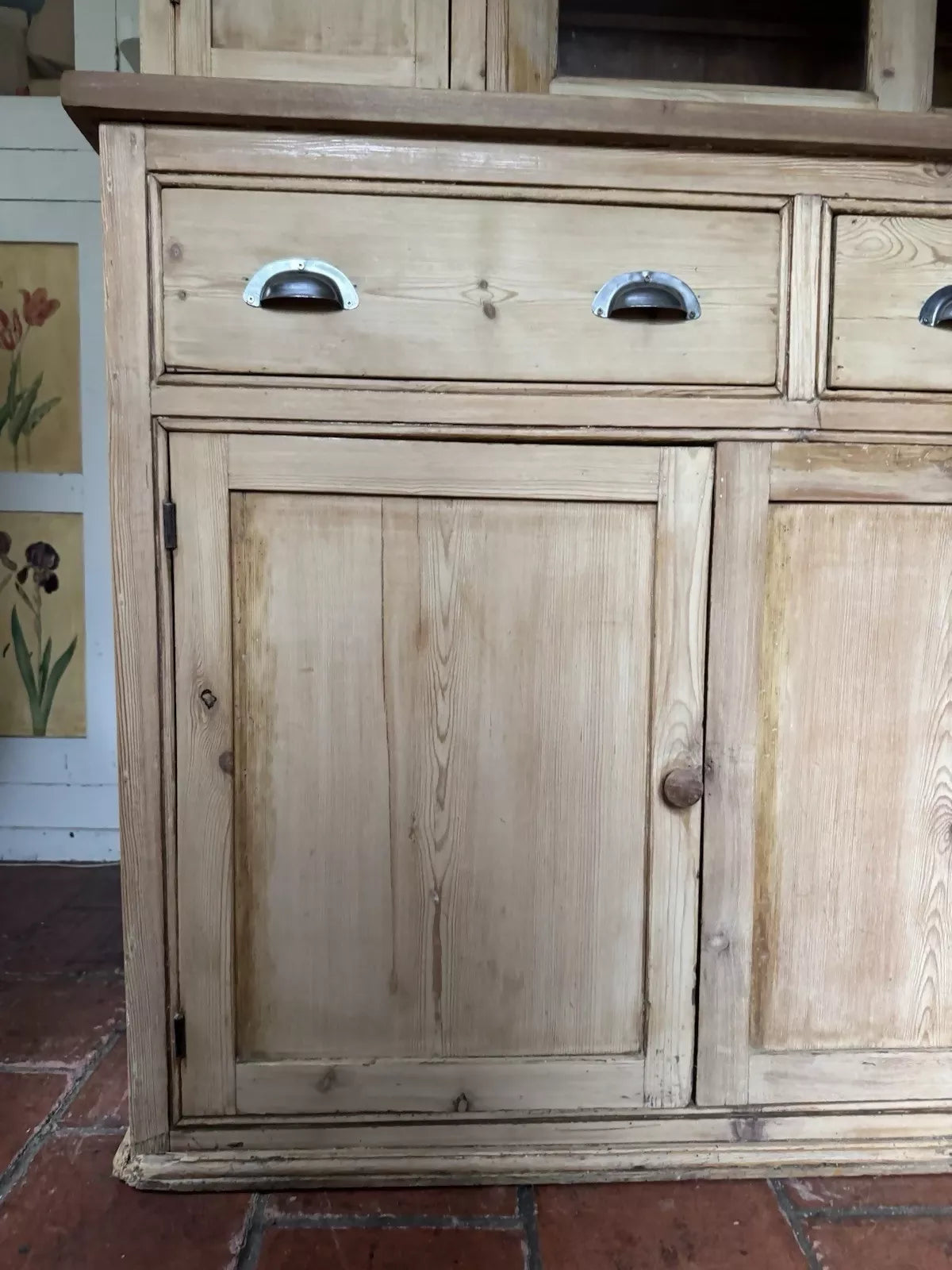 Rustic Antique Victorian Stripped Pitch Pine Cupboard Glazed Dresser Server