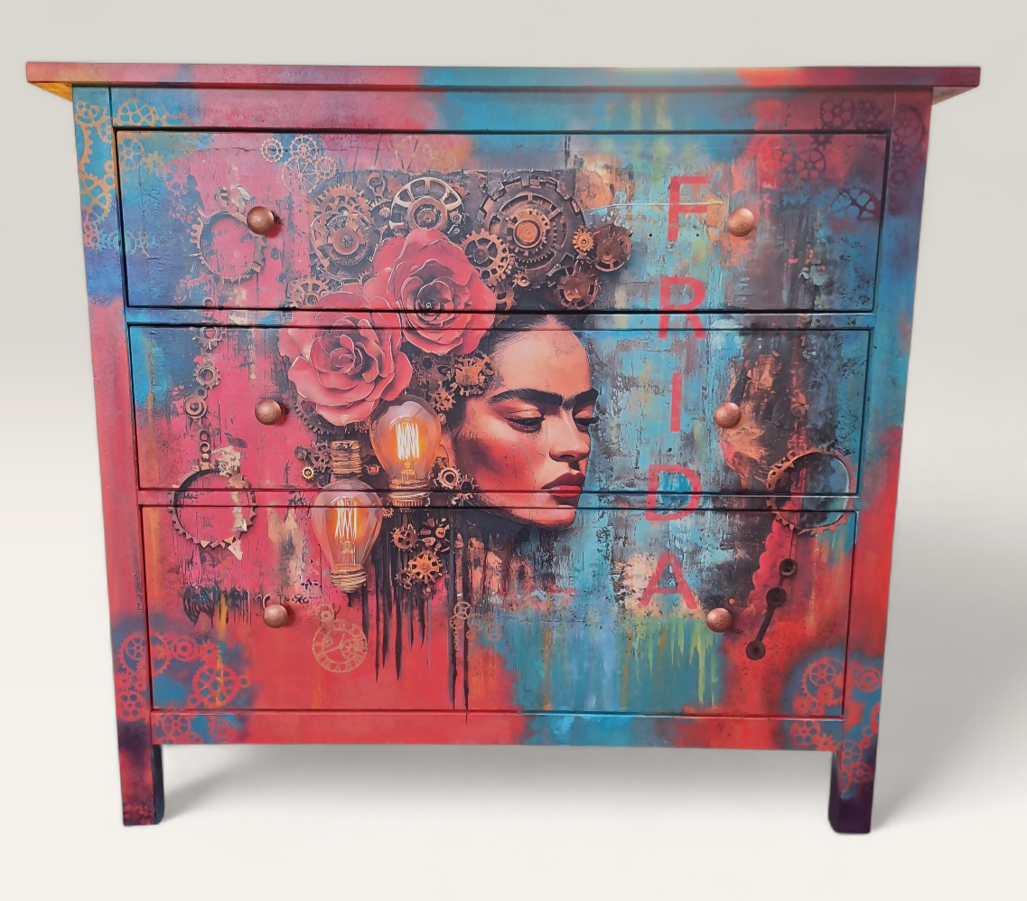"Frida on Fire” Pink Blue 3 Drawers Chest