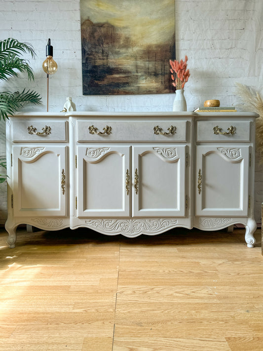 Vintage Queen Anne Sideboard Large, Carved Details, Neutral, Paint Wash - MADE TO ORDER