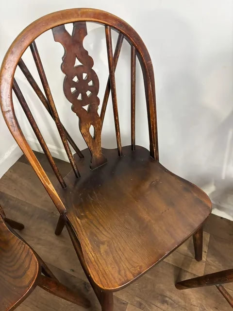 Vintage Set Of Four Oak Wheelback Dining Chairs