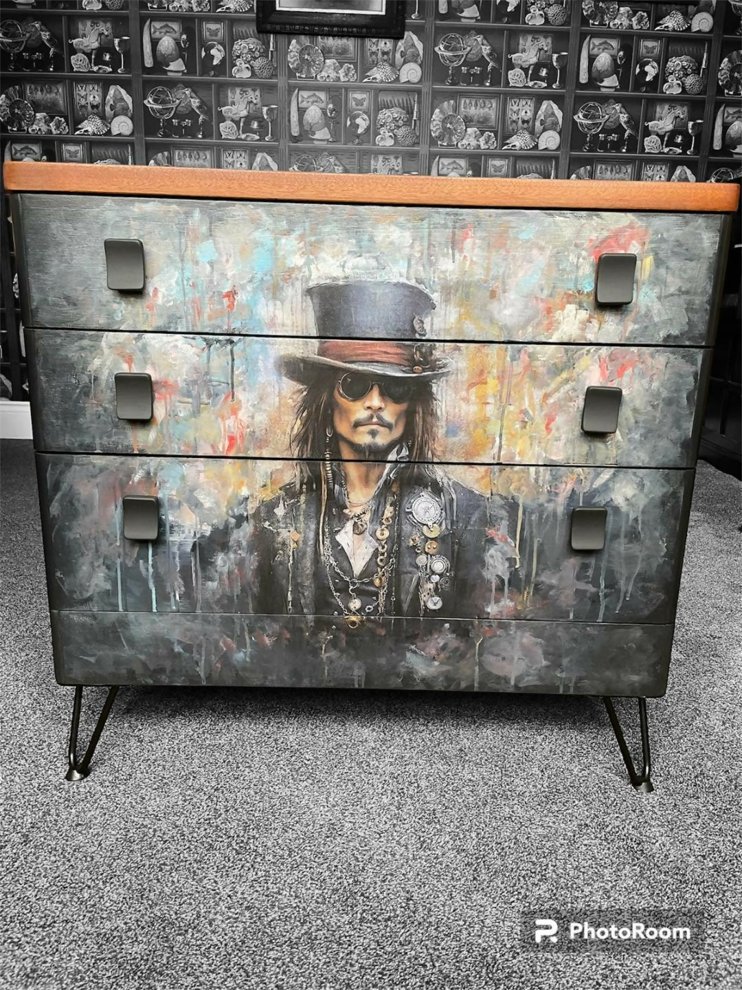 Jonny Depp inspired, decoupaged G Plan chest of drawer