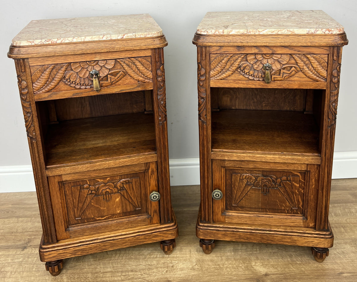 Pair of Bedside Tables Antique French Oak Carved Marble Top Cabinets LOT 6603
