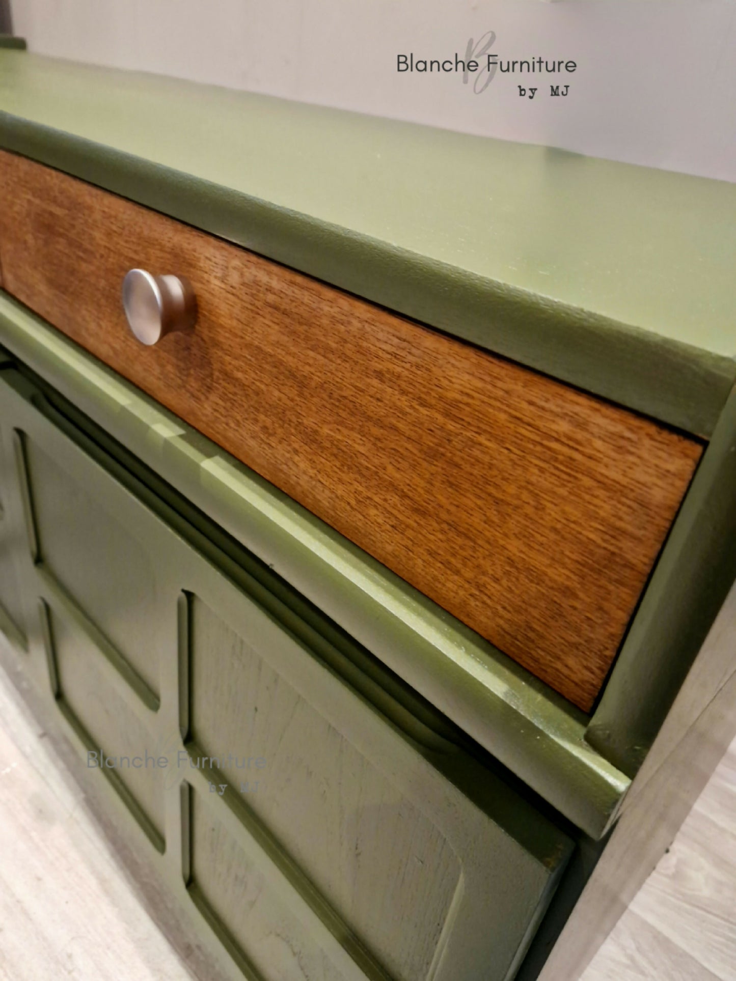 Large Olive Green Nathan Sideboard with Square Brushed Steel Handles