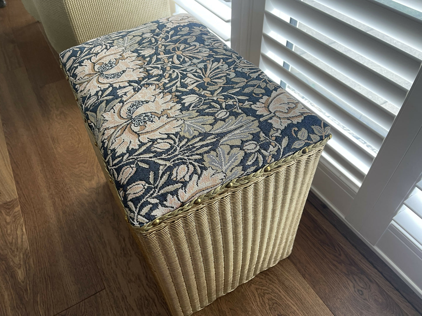Gold painted small upcycled Lloyd loom vintage ottoman/ seat/storage