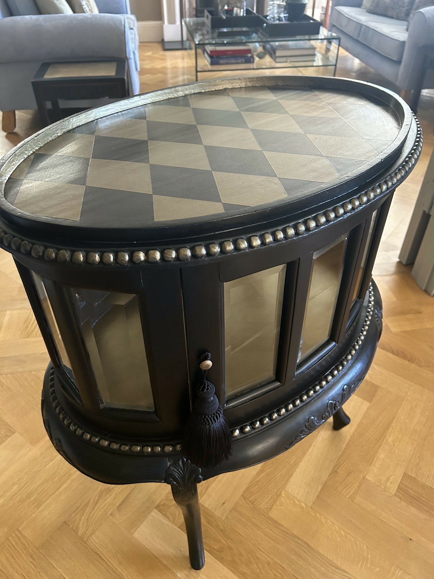Drinks Cabinet. Handpainted, small oval glazed cabinet. Black/Gold