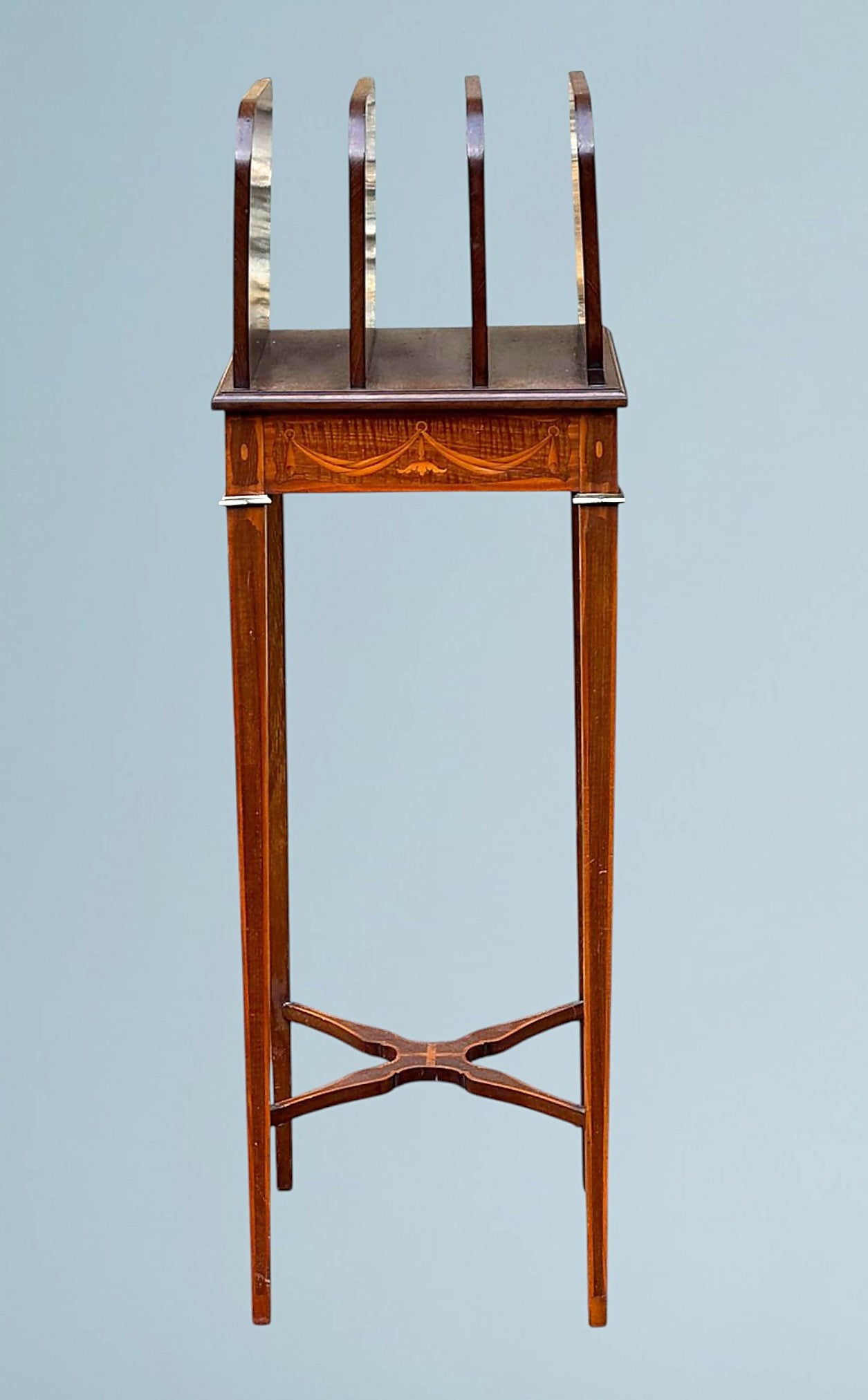 Sheraton Revival Inlaid Mahogany Canterbury Stand / Magazine Rack