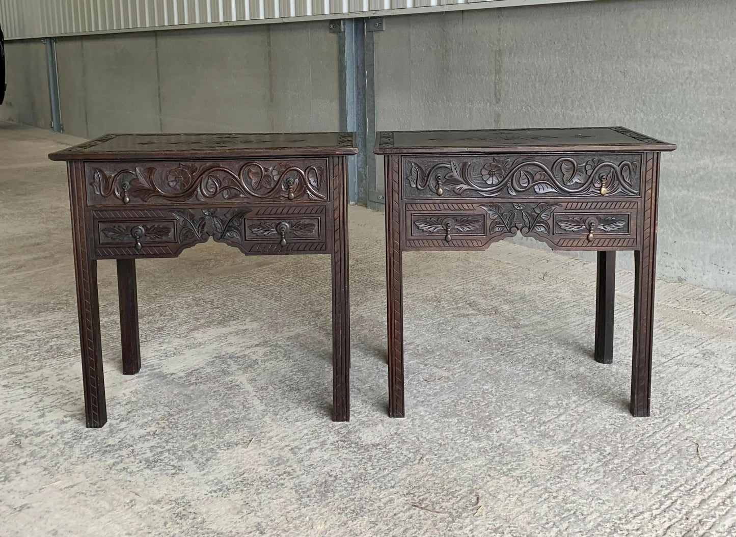 Antique Oak 19th C Gothic revival side tables chest of drawers