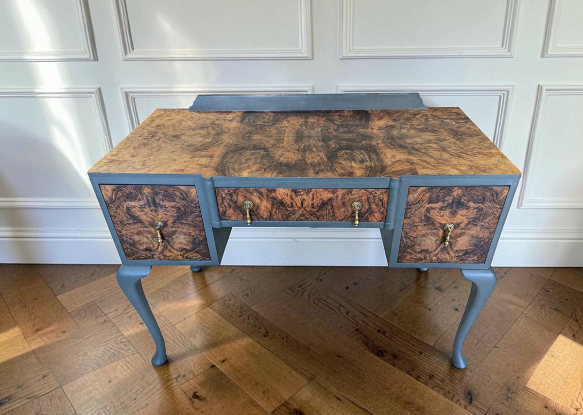 Vintage Art Deco dark green Walnut Burr Wood Desk Writing Table