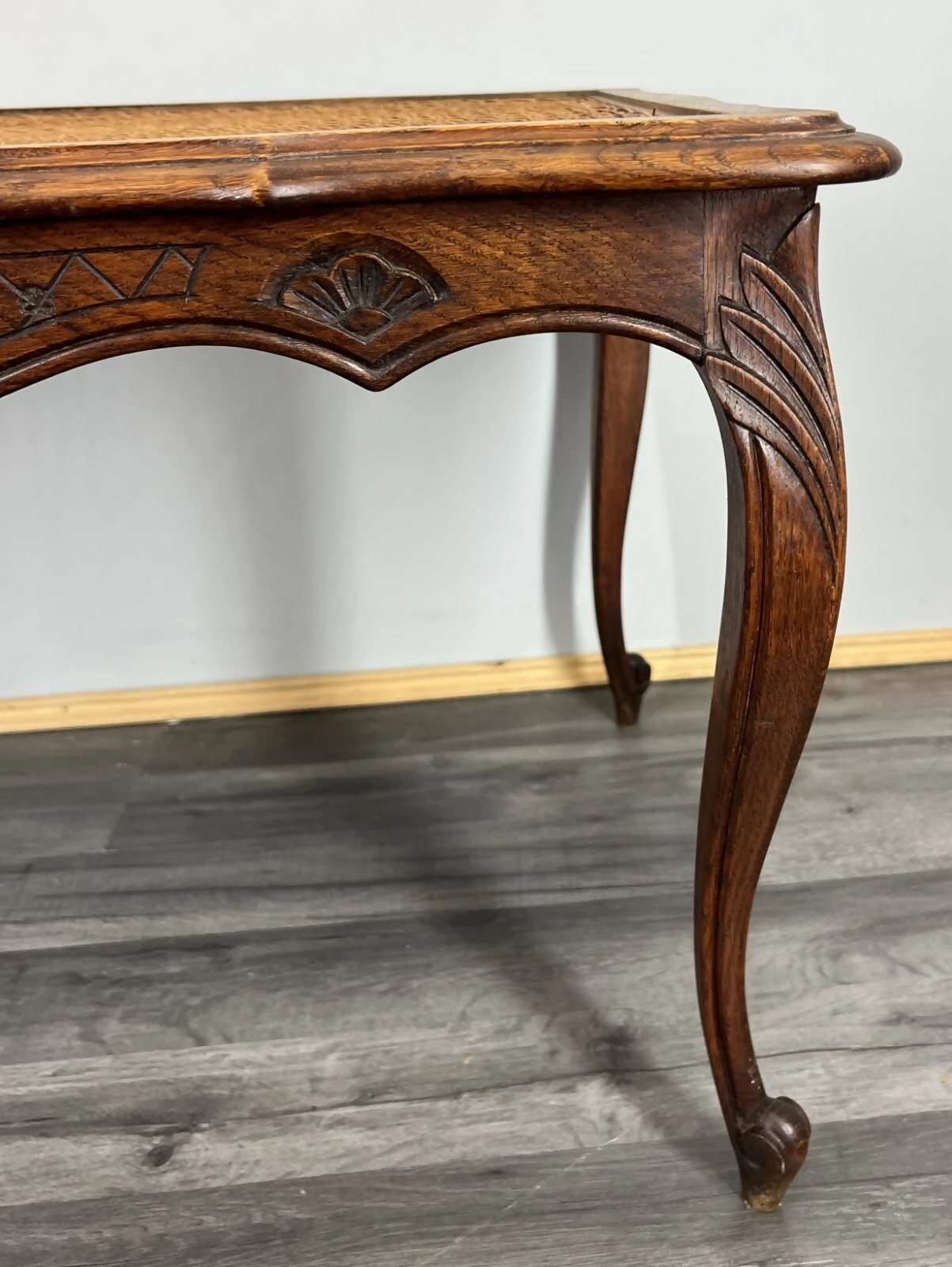 Coffee Table Vintage French Louis XV Cane Top Oak Carved Table LOT 3861