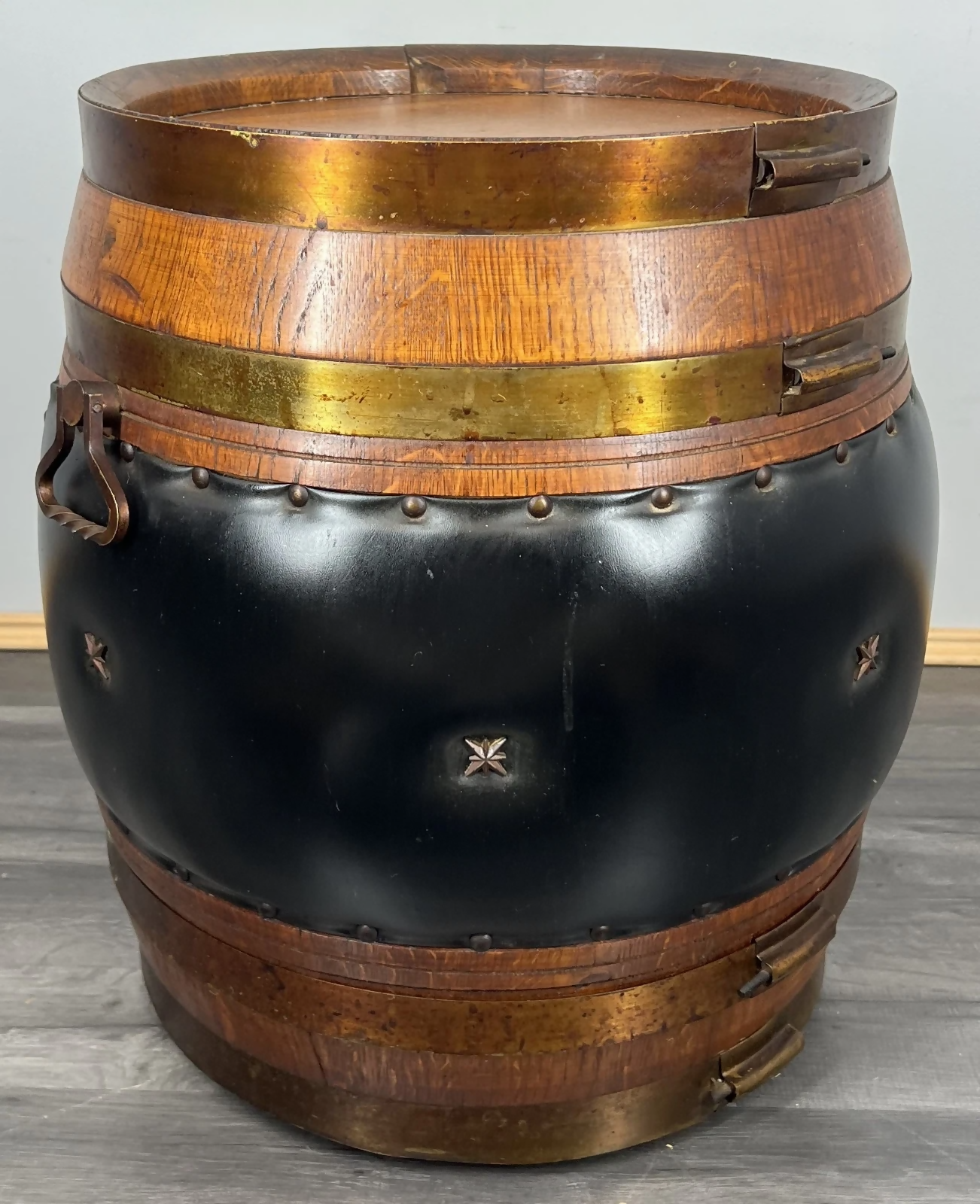 Drink Cabinet Vintage French Style Oak Brass Trim Barrel Carved Storage LOT 3900