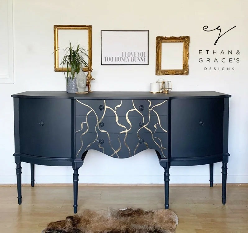 Vintage dark grey & gold leaf sideboard