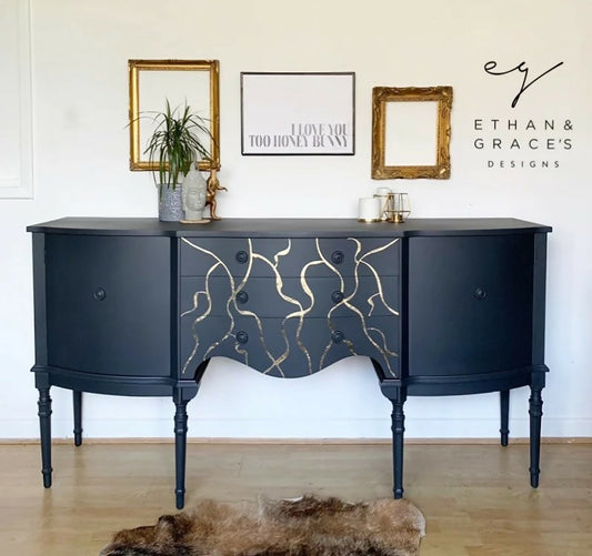 Vintage dark grey & gold leaf sideboard