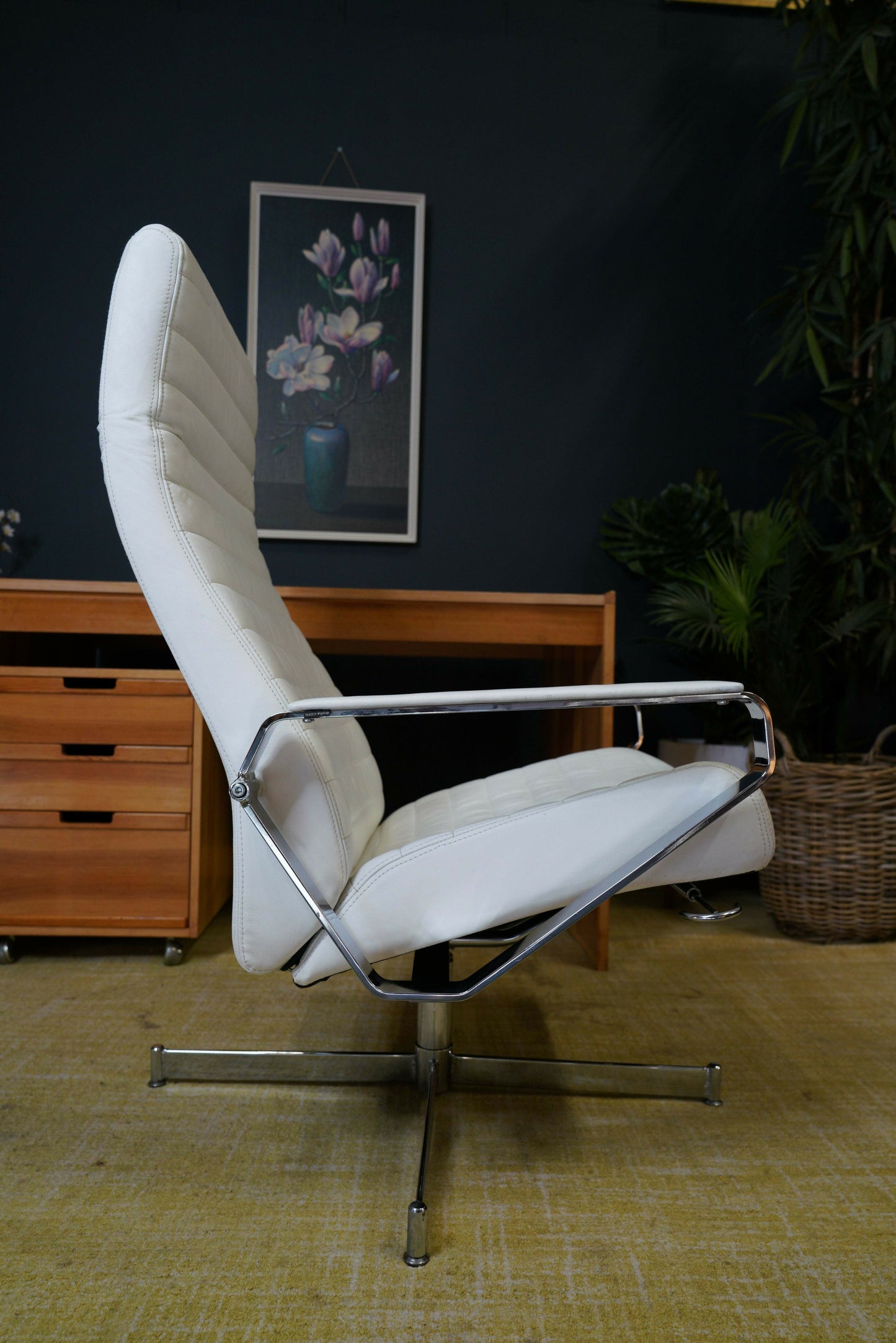 Vintage Danish Modern High Back Swivel Lounge Chair | Chrome & White Leather
