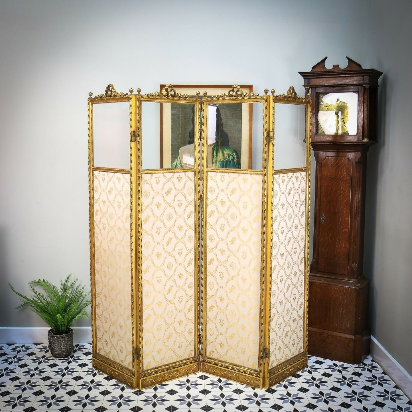 Folding Screen Room Divider Gilt Wood French Empire Style Paravent Silk and Glas