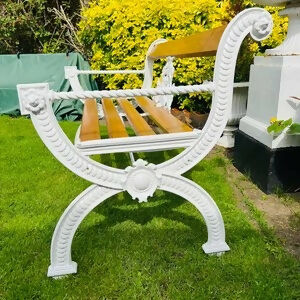 Rare White Cast Iron and Oak Garden Bench