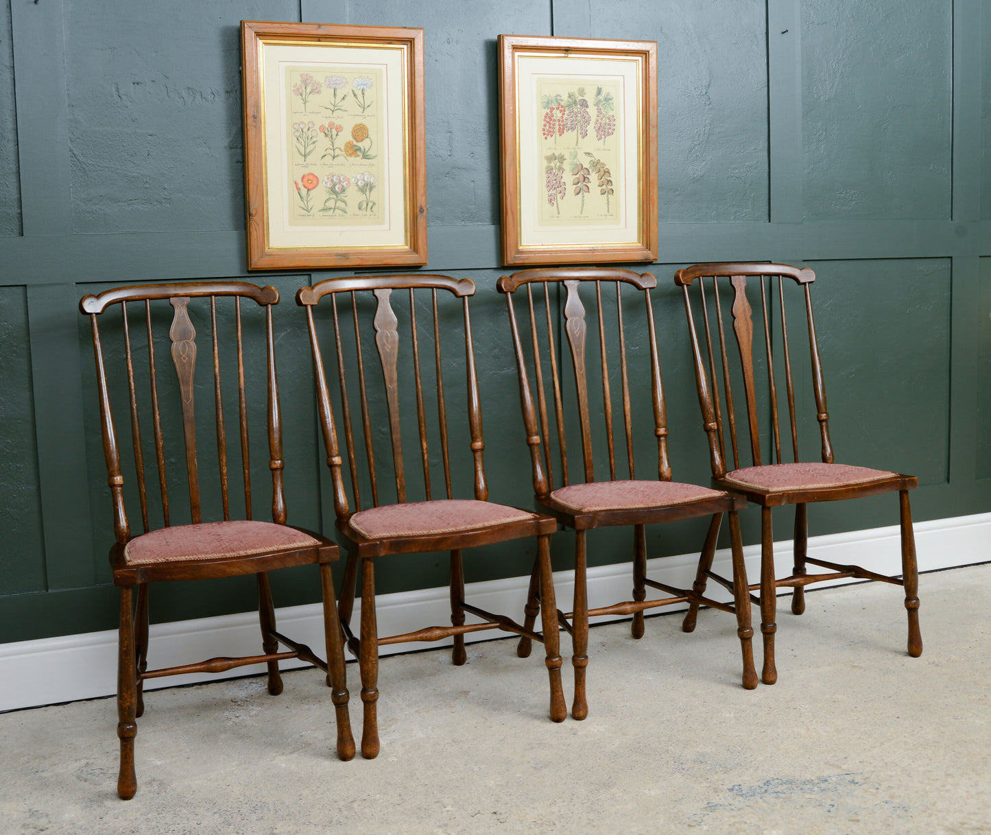 4 Edwardian Stick Splat Back Chairs with Dusky Pink Seats - SKU 208