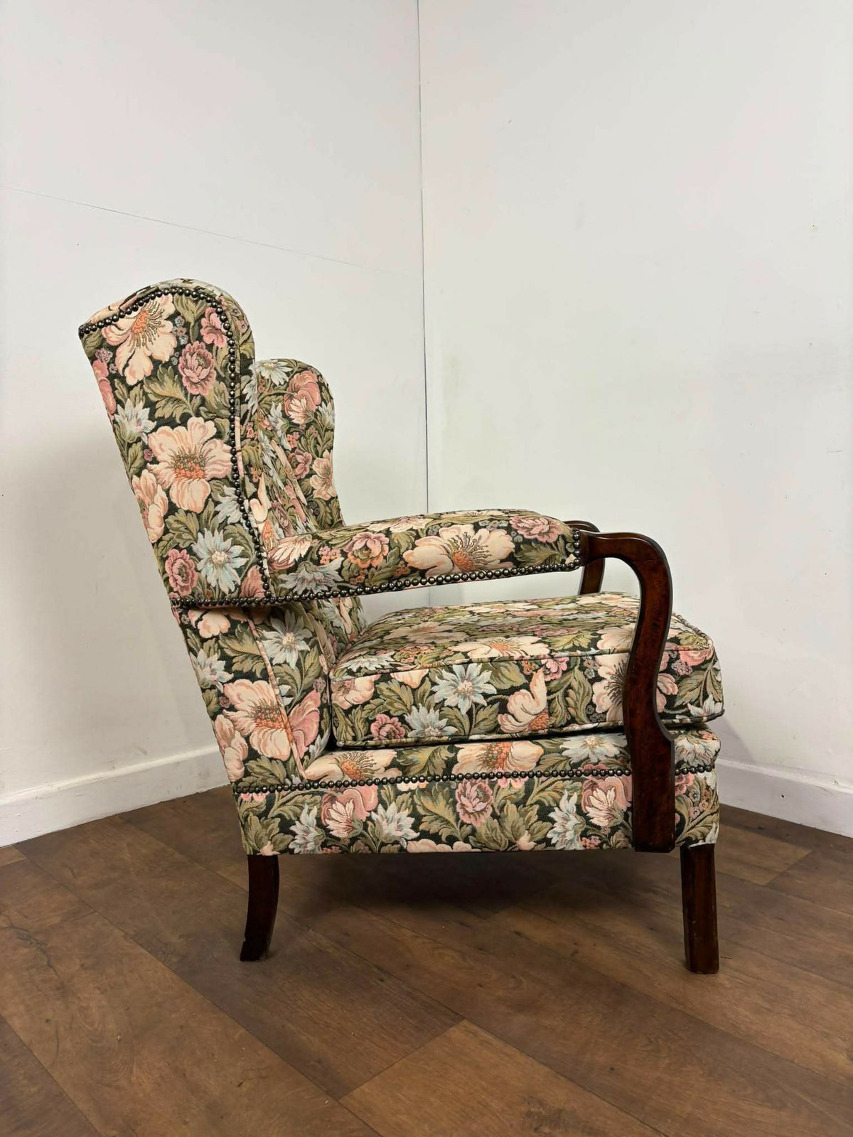 Vintage Reupholstered Floral Wingback Fireside Armchair