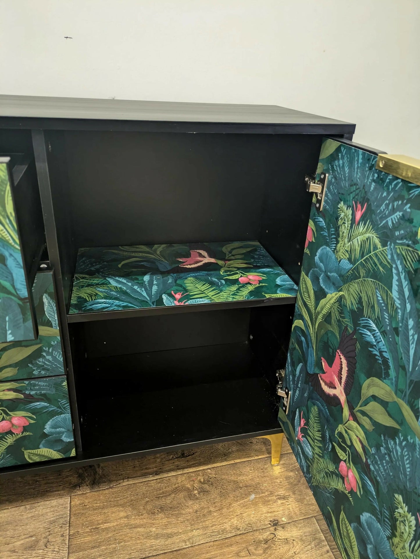 Contemporary Modern Sideboard Painted Black Tropical Bird Palm Tree Print. Sold Message For Commission