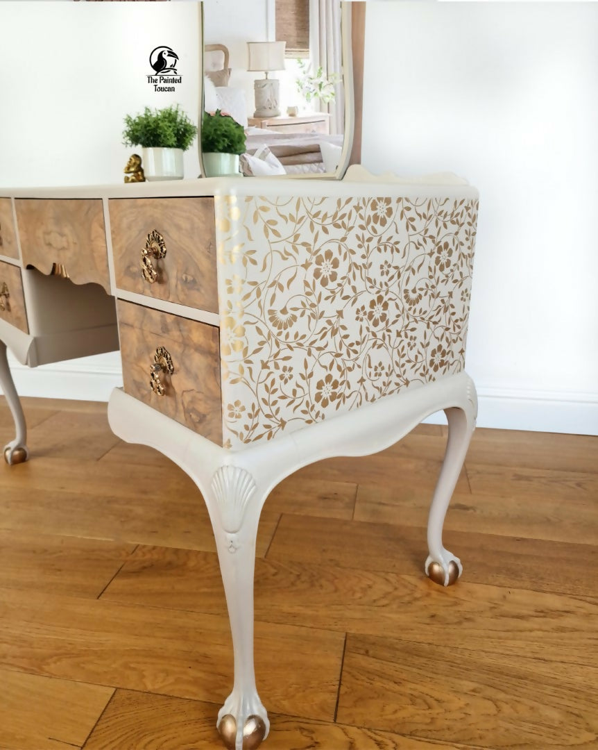 Vintage Taupe Dressing Table with Mirror and Queen Anne legs